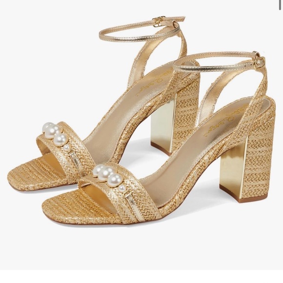 Lilly Pulitzer May Heeled Sandal Raffia Pearl Block Heel Gold Size 6.5 - Picture 3 of 16